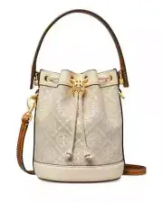 New Authentic Tory Burch T Monogram Mini Bucket Bag in Ivory #80534
