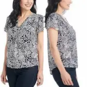 Hilary Radley Women's V-Neck Short Sleeve Blouse Tunic leopard top XS