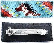 Handmade Beaded Hair Barrette for Women,Native American Style Seed Beads Hair Clip, Hair Band,Brown Leather Backing,Western Horse Design,(Turquoise Blue)