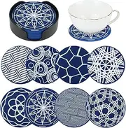 Drink Coasters Set of 8, Blue Round Silicone Coasters with Holder, Heat Resistant Cup Coaster for Outdoor, Indoor, Coffee Table, Kitchen, Office, Bar, Tabletop Protection