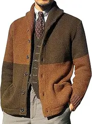 [SWJGLITTR] Mens Color Block Button Pockets Cardigan Shawl Collar Winter Cardigans Sweaters Fall Winter Sweater Open Front Jacket, Brown, Medium