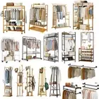 Free Standing Wooden Coat Rack Hall Tree Stand Clothes Rail Shelves Wheels Hooks