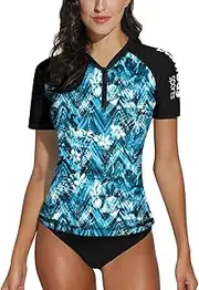 [BesserBay] Women's V-Neck Short Sleeve Surf Shirt 1/4 Zip UV Protection Print Rash Guard S-XXL