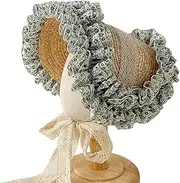 [WEISUYUUS] Daily Wear Straw Hat for Kids Girls Lace Flower Pattern French Hat Flat Top Hat Sun Protections Caps Hat