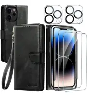 QsmQam 8 in 1 iPhone 14 Pro 6.1" Case Wallet PU Leather 2 Screen Protectors...