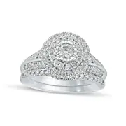 1.0 CT. T.W. Natural Diamond Double Frame Bridal Engagement Ring Set in Solid 10K White Gold