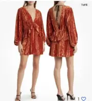 Womens New Topshop Balloon Sleeve Velvet Mini Dress Terracotta