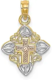 [JewelryWeb] 14ct Gold Pink Religious Faith Cross Inside Frame With White Edges : Tri color 20x13mm Wide