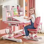 Sarkoyar Kid's Study Desk and Chair Set, Height Adjustable Children's Study Table, Tiltable Desktop Desk with Bookshelf and Storage Drawer, Ergonomic Desk and Chair Set for Bedroom Study Room Pink