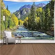 YISURE Nature Mountain Forest Tapestry, Scenic Green Pine Tree Waterfall Landscape Wall Hanging Tapestries for Home Office Dorm Indoor and Outdoor Decoration Large Size, 108(W) x80(L) Inch