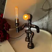 Steampunk Water Pipe Table Lamp Retro Industrial Metal Table Light Unique Vin...