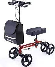 Equipmed Knee Scooter Walker, Dual Brakes - Bag - Broken Leg Ankle Foot Mobility - Crutches Alternative - Red
