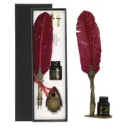 25cm/10" Feather Pen Set with Ink Set 2 Replacement Nibs Stand Base, Dark Red