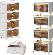 Cywaai Lidded Storage Bin,Plastic Folding Storage Cabinet with Doors，4 Layers Stackable Storage Bins with Wheels,Portable Storage for Kitchen, Study, Living Room, Bedroom
