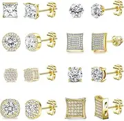 [RIOSO] 8Pairs Stud Earring of Men Women Silver Cubic Zirconia Square Round CZ Stud Earrings