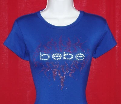BEBE WOMEN'S SWAROVSKI CRYSTAL RHINESTONE LOGO BLUE TOP SIZE STRETCHY LARGE NWT