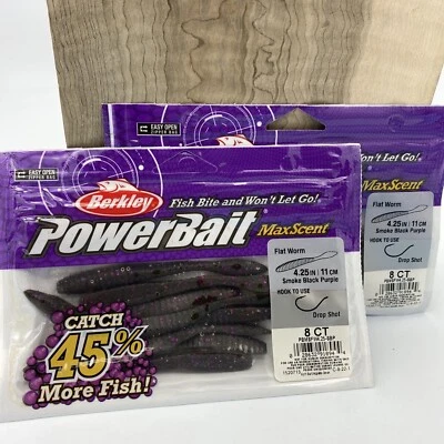 (2) Berkley PowerBait MaxScent Flat Worm 4.25” SMOKE BLACK PURPLE - FAST SHIP!
