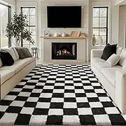 HUGEAR Checked High Pile Rug Living Room 180 x 270 cm Rug Black Bedroom Non-Slip Children's Rug Fluffy Soft and Cosy Carpet Living Room Children's Rug Girls Boys