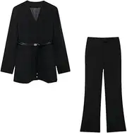 [Generic] Women's V-Neck Long Sleeved Pocket Belt Decorative Suit Jacket+High Waist Loose Casual Slim Fit Wide Leg Pants Two-Piece Set