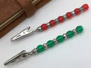 Bug's Homemade Beaded Designer Roach Clip 4” Long - Red/Silver