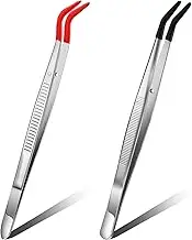 Honoson 2 Pieces Tweezers curved Bent Tip Tweezers with Rubber Silicone Tips PVC Coated Non Marring Soft Long Rubber Tips Stainless Steel Hobby Jewelry Crafts Tools(Red, Black)