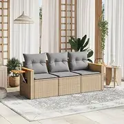 3 Piece Garden Sofa Set with Cushions Beige Poly Rattan - Outdoor Patio Table & Chairs, Durable & Adjustable Wicker Furniture for Small Balcony or Terrace - Modular Design with Storage &