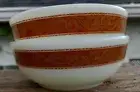 2 Pyrex Bronze Cereal Bowls # 708 Brown Gold Scrolls Milk Glass Vintage Corning
