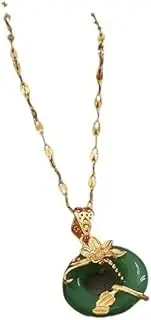 Gold Plated Flower Jade Necklace Stainless Steel Lip Chain Round Natural Jade Agate Pendant Necklace Lucky (Color : Green)