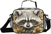 Insulated Lunch Box Raccoon Flower Cute for Women Men - Ideal for Work, Picnics - Includes Adjustable Shoulder Strap