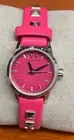 A|X Armani Exchange Women's Silver-Tone Studded Pink Leather Strap Watch AX6022
