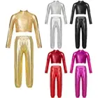 Kids Girls Shiny Metallic Hip Hop Jazz Latin Dancewear Outfits Tops with Pants