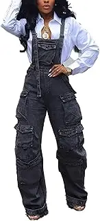 [LETSVDO] Women's Cargo Denim Overall Jumpsuit Wide Leg Bib Loose Baggy Stretch Casual Jean Overalls Romper Cargo Pants