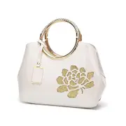 Nevenka Women Handbag Leather Flower Pattern Satchel Charm Glossy Metal Grip Shoulder Bag-White