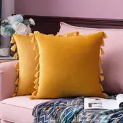 Pack of 2 Velvet Soft Solid Decorative Throw Pillows with Tassels Fringe Boho Accent Cushion Case for Couch Sofa Bed, Gold