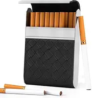 BVYA Deluxe PU Leather Stainless Steel Cigarette Case Box, One-Hand Operate Cigarette Pocket Holder Case for Men and Women
