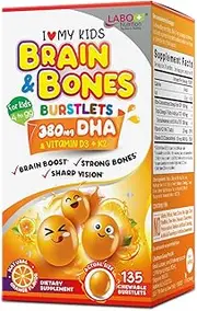 LABO Nutrition I My Kids Brain & Bones Chewable Burstlet, Gluten Free, for Stronger Bones & Behavioral Management, 76% Ultra-concentrated rTG Form Omega 3 DHA Fish Oil, Vitamin D3 & K2, Orange
