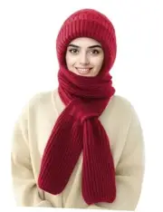 Integrated Ear Protection Windproof Cap Scarf Elastic Knitting Thick Wine Red