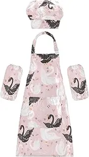 AIXIWAWA Kids Apron Chef Hat Set, Child Kitchen Bib Aprons Adjustable for Cooking Baking Painting (Swan and Flowers)