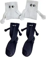 [Generic] 2 Pairs Funny Couple Magnetic Socks Holding Hands Big Eyes Decorative Black White Socks for Women and Men Novelty Sports Socks