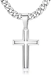 [Besteel] 925 Sterling Silver Cross Necklace for Men Women 5mm Big Beveled Edge Men's Stainless Steel Diamond Cut Durable Cuban Link Chain Curb Chain Crucifix Cross Pendant Necklace Jewelry Gifts 16-30 Inches