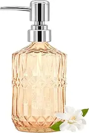14oz Glass Soap Dispenser - Refillable Hand Soap Dispenser with Stainless Steel Pump, Vintage Diamond Design for Bathroom, Kitchen, Dish Soap, Lotion, and Essential Oils (Orange)