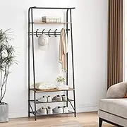 Coat Rack Shoe Bench with 5 Hooks, Hall Trees Entryway Bench with Storage, Multifunctional Hallway Organizer, Wood Look Accent Furniture with Metal Frame for Entryway, Living Room, Bedroom