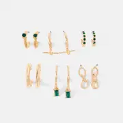 6 Pack Emerald Stone Earrings - Gold Tone and Green