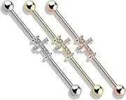 [beyoutifulthings] Industrial Piercing Gold Silver Rose Gold Cross Cubic Zirconia Clear Industrial Barbell Industrial Bar Surgical Steel Bar Length 38mm