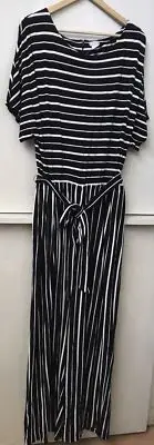 CHICOS Belted Short Sleeve Jumpsuit Black White Striped Size 3 (16/18) NWT