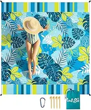 WERNNSAI Beach Blanket Waterproof Sandproof - Extra Large Beach Blanket 79" x 83" Beach Mat Sand Free with 4 Stakes Pockets Quick Dry Lightweight Blue Plant Pattern Picnic Mat for Beach Party Camping
