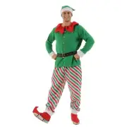 Adult Christmas Elf Costume With Hat & Belt - Green & Red Striped Pants - XL