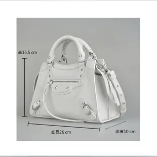 BALENCIAGA巴黎世家Neo Classic City 壓印字母LOGO鉚釘小牛皮拉鍊手提斜背機車包(特小/白)