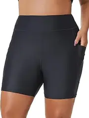 [Tournesol] Women's Plus Size Swim Shorts High Waisted Swimsuit Bottoms with Pocket Bathing Suit Swimwear Tankini Shorts 0X-5X