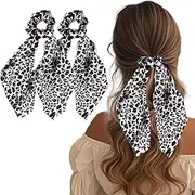 Flomiara 2PCS Hair Bows Scrunchies for Women, Ribbon Ponytail Holder Accessories Slides Printing Hair Ties, Hairdresser Accessories Knotted Bow Fabric Scrunchy Long Hair Band for Women Girls, Leopard